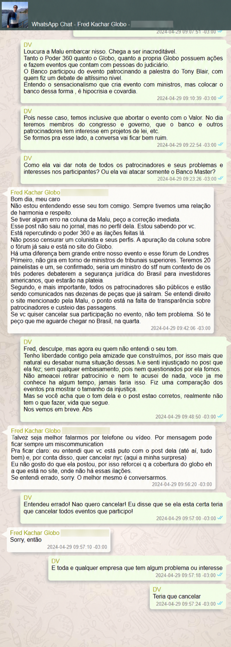 'Amigo', 'olhava pra bunda' e 'guerra na Ucrânia': veja mensagens entre Vorcaro e diretor demitido da Globo