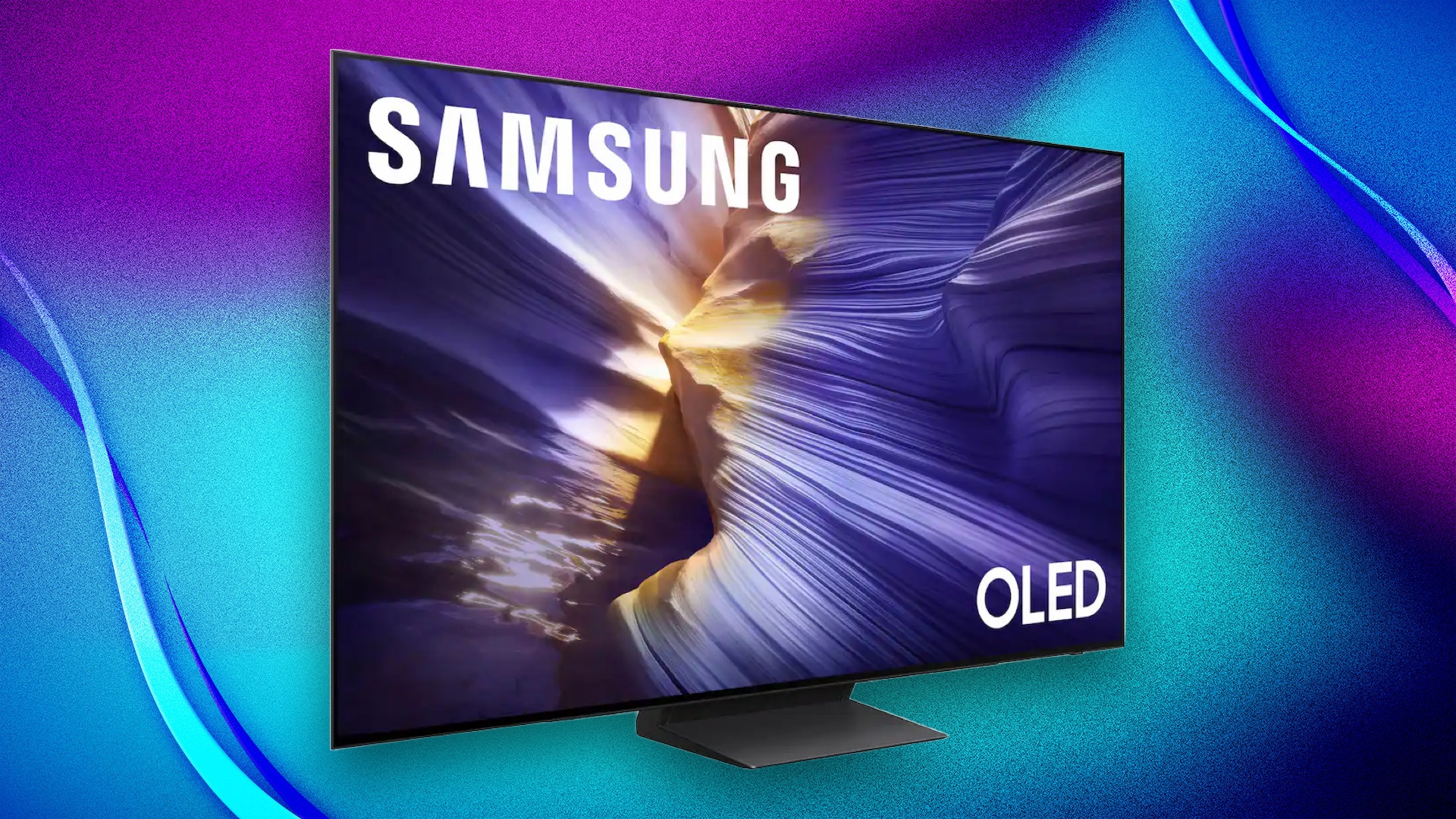 Samsung TV displayed against a radiant background of blues and purples