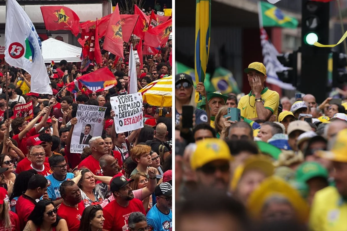 Montagem de dois atos políticos na Avenida Paulista. Um, a favor de Luiz Inácio Lula da Silva (PT), outro pró-Flávio Bolsonaro (PL).