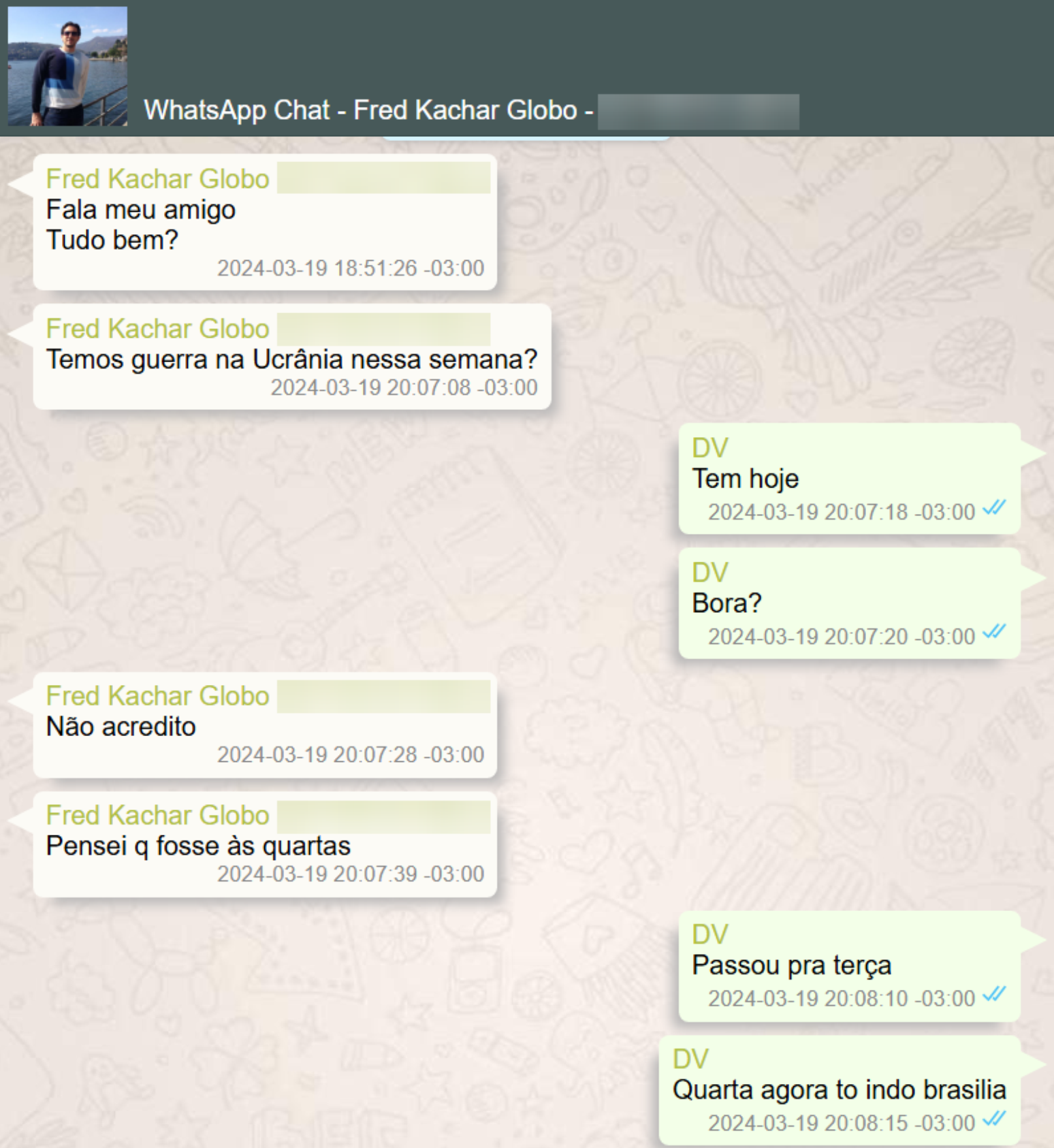 Conversas entre Frederic Kachar, ex-diretor-geral de Mídia Impressa e Rádios do Grupo Globo, e o ex-banqueiro Daniel Vorcaro
