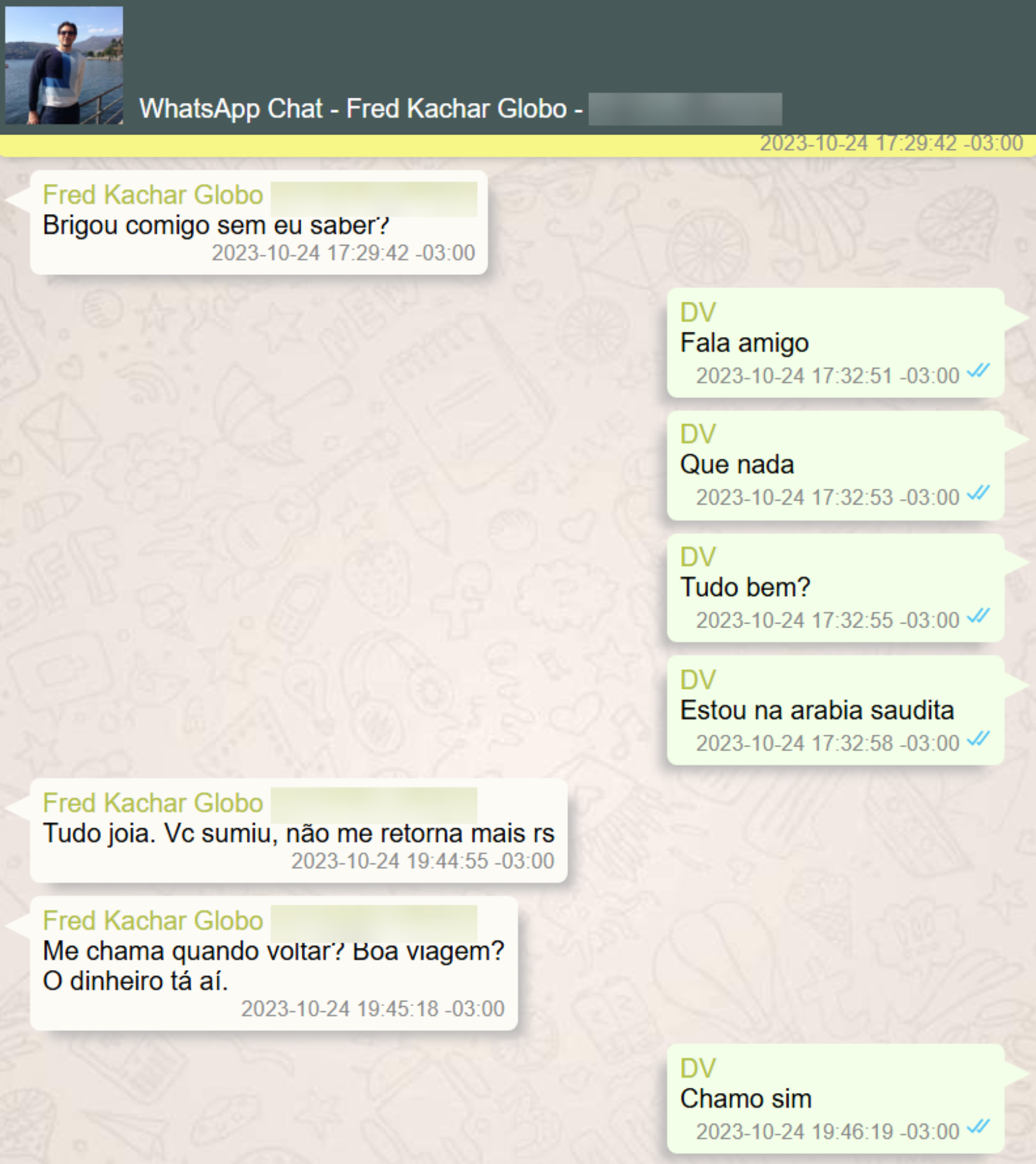 Conversa entre Fred Kachar, ex-diretor-geral de Mídia Impressa e Rádios do Grupo Globo, com o ex-banqueiro Daniel Vorcaro