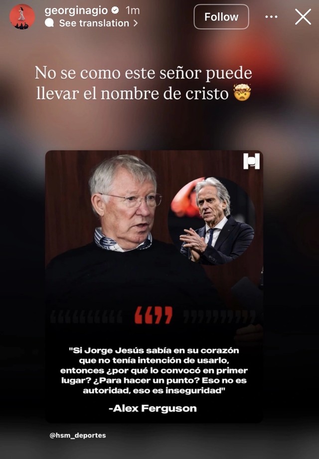 Georgina Rodríguez, esposa de Cristiano Ronaldo, posta declaração fake e ataca Jorge Jesus: 'Não sei como ele carrega o nome de Cristo'